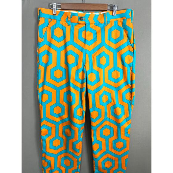 Loudmouth Golf Pants Sz 36x34L Orange And Teal Geometric Hexagon Athletic Retro - Picture 10 of 15